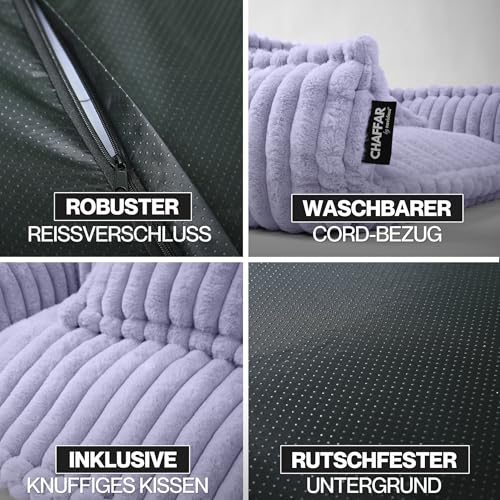 noviclass® Hundesofa Chaffar Hundebett | Orthopädische Matratze | Moderner Stil | Cord-Design Größen (Flieder, XL (120cm))