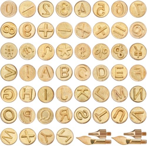 GORGECRAFT 52Pcs Wood Burning Tip Letter Golden Brass Copper Kit Alphabet Number Symbol Soldering Stencil Leather Burner Pyrography Tool Template Set for Wood Burning DIY Embossing Carving Craft