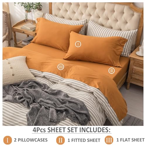 PURE ERA Jersey Knit 3pcs Bed Sheet Set 100% T-Shirt Heather Cotton Super Soft Comfy Breathable Fits Mattress Up to 20" Extra Deep Pocket (Solid Burnt Orange, Twin XL)