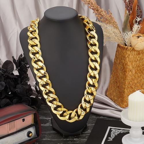 SOFPLATE Hip Hop Kette Gold Halskette Herren Kunststoff 90cm Kubanischen 90er 80er Gliedern Künstlich Golden Klobige Dick Groß Jahre Punk Stil Panzerkette Rapper Kostüm Umschlaghalsk