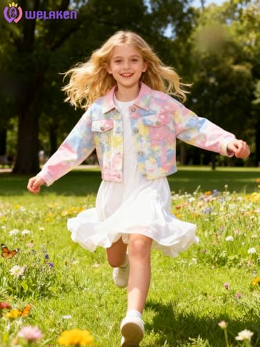 Image of WELAKEN Print Denim Jacket for Girls & Kids II Little Girl's Button Down Crop Jean Jacket Coat