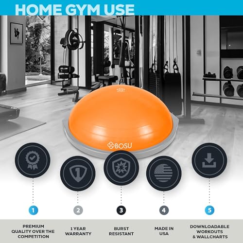 Image of Bosu Balance Ball Exercise Trainer, Home Gym Equipment w /Guided Workouts & Pump, 26 inch Inflatable Fitness Platform for Strength Training, Standing, Balancing, and Core Workout