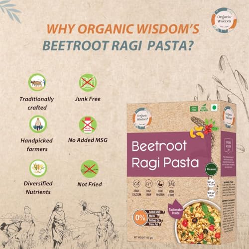 Image of ORGANIC WISDOM Back to Roots Beetroot Ragi and Quinoa Jowar Pasta, 180g Each, Tastemaker Inside, Free from Maida and MSG, Rich in Protein and Fiber