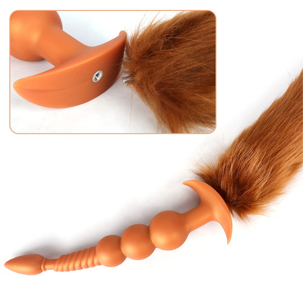 Anal Beads with Removable Foxtail Extra Long Fox Tail Anal Butt Plug Sex Toy Liquid Silicone Anal Plugs Anal Stimulator for Men Women Couples Cosplay Anal Trainer Erotic SM Sex Games (L)