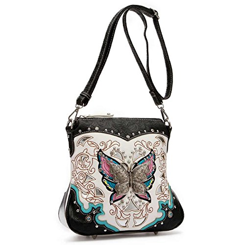 Western Style Metal Butterfly Rhinestone Studded Floral Tooled Leather Women Purse Crossbody Handbag Single Shoulder Bag2