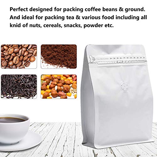 Image of 4 Ounce White Kraft Paper Coffee Bags, Stand Up Coffee Pouches with One Way Degassing Valve and Reusable Side Zipper (Pull Tab to Open) Flat Bottom - Stand Up Well (50pieces / 4oz, 0.25lb, 100gram)
