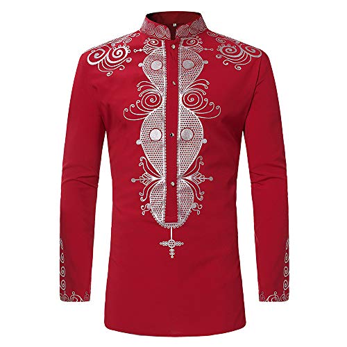 Kaister Mens Tops Long Sleeve Autumn Winter African Print Casual Shirt Jacket Red