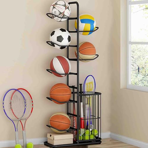 Support pour ballons de basket vertical noir en acier robuste pouvant stocker 7 ballons