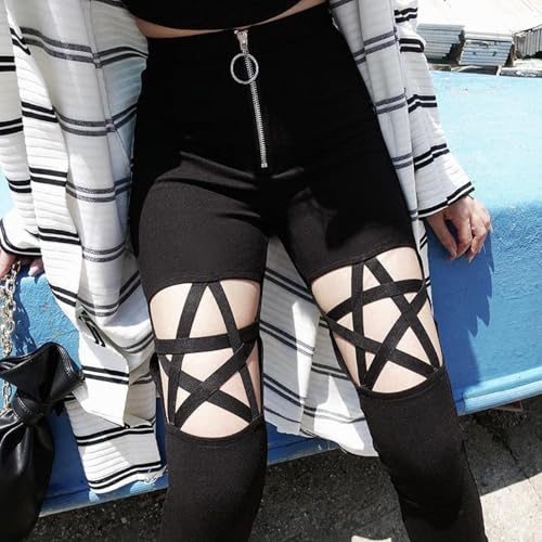 High Waist Skinny Pencil Pants Pentagram Cut-Out Zipper Denim Casual Pants Women2