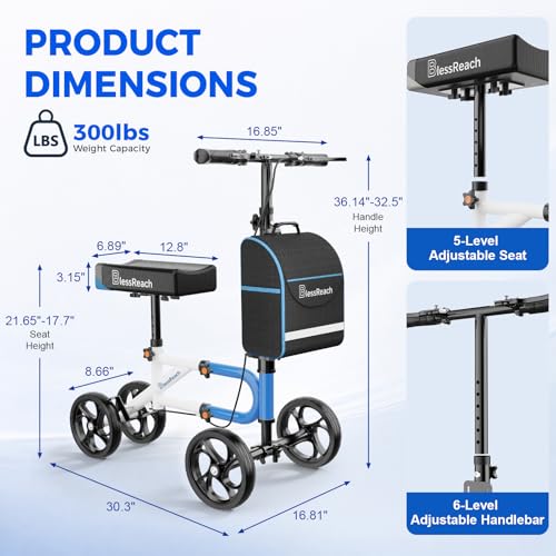 Image of BlessReach Lightweight Knee Scooter for Adults for Foot Injuries,Knee Pad | 300lbs Foldable Leg Knee Scooter, 8'' Rubber Wheels, Dual Brake, Adjustable Height, Crutch Alternative for Ankle Recovery
