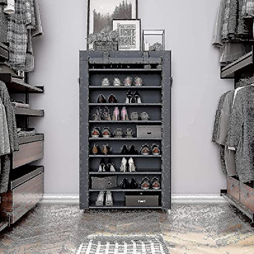 Songmics Portable Clothes Closet Bundle With 10-Tier Shoe Rack, Non-Woven Fabric Wardrobes With Dustproof Cover, Closet Storage Organizers, Gray, Uryg12Gy And Urxj36G #TOP2