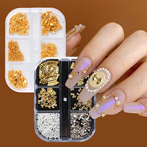 Riceel Conjunto de 2 cajas para uñas de metal mixtas para decoración de uñas, diseño de lazo, mariposas, diamantes de imitación en 3D Cover