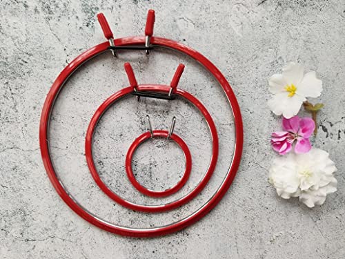 Image of Nurge Metal Embroidery Hoops - Premium Spring Tension Embroidery Hoop for Cross Stitch - Durable Ring with Quick Release Safety Clip - Ideal for Crafters,Beginners & Professionals - Red - Medium
