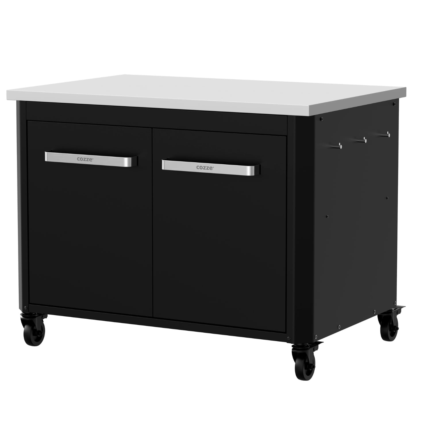 Cozze® | Cucina da esterno bassa H70 cm con piano in acciaio inox | Altezza ideale per plancha | 2 ante | 2 ripiani fissi | 6 ganci | 4 ruote Ø75 mm | Struttura in acciaio verniciato | Max 100 kg