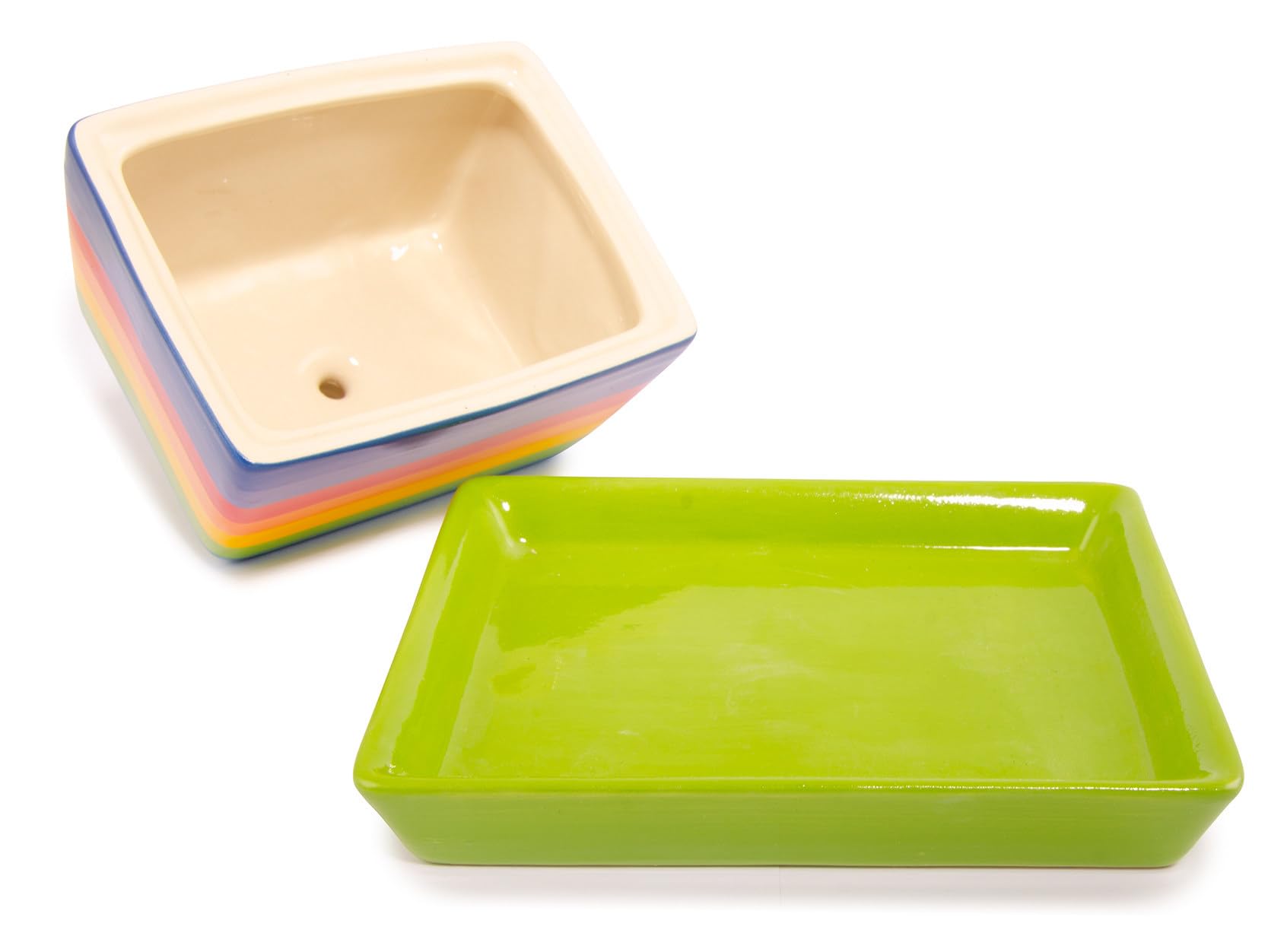 Handbemalte Butterdose aus Keramik mit Deckel, Regenbogenstreifen, Grün