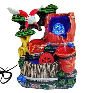 ALILA Birds Matka Water Fountain with LED Lights Home Decor Table Top Indoor Outdoor Decoration Gift Gifting Items, 10inches / 25cm (Cheel Birds) Multicolour