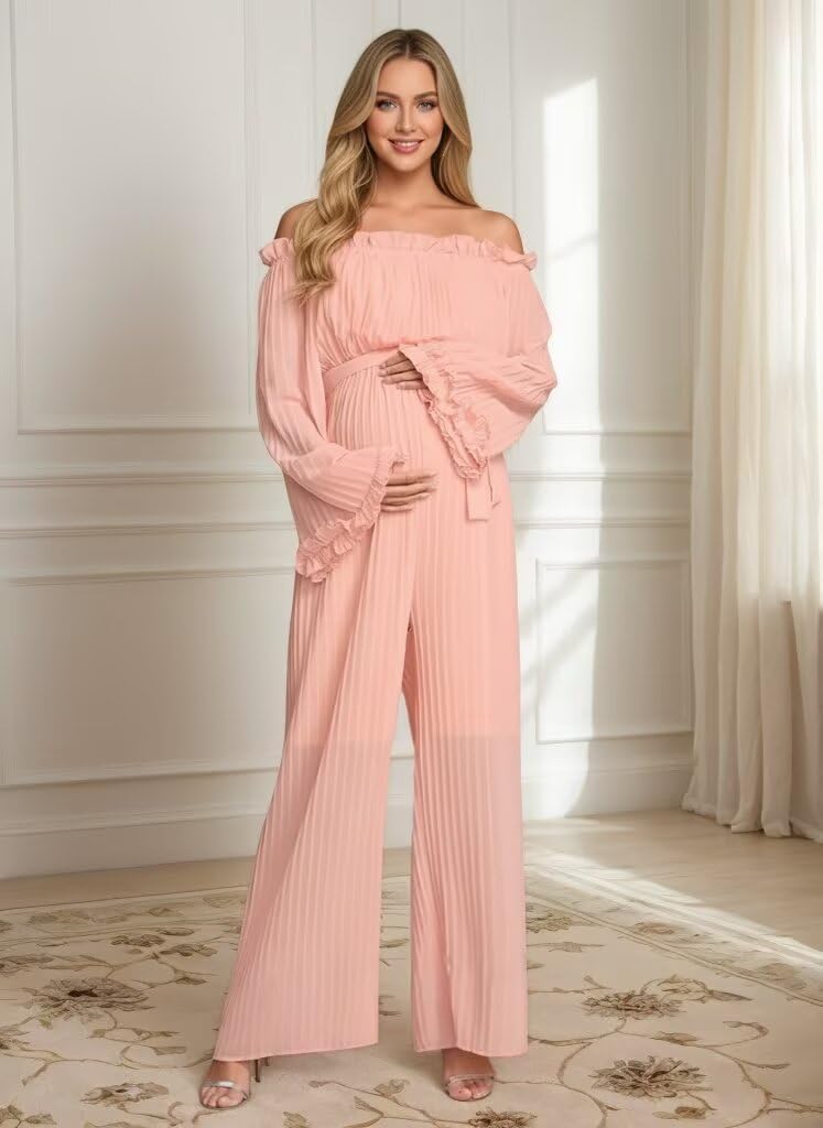 Xyiveaf Off Shoulder Maternity Formal Jumpsuits for Women Long Sleeves Pleated Pregnancy Pantsuit for Baby Shower Photoshoot