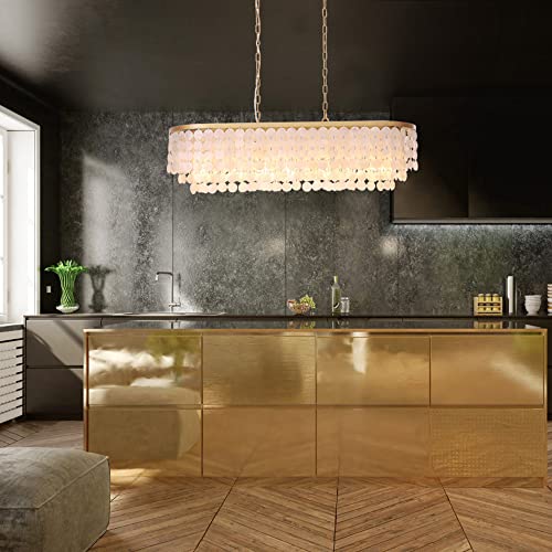 TOCHIC 42'' Gold Rectangular Chandelier Coastal, 5 Lights Natural Capiz Shell Chandeliers for Living Room, Dining Room, Bedroom, Kitchen Island, Foyer, Pool Table Light - Image 8