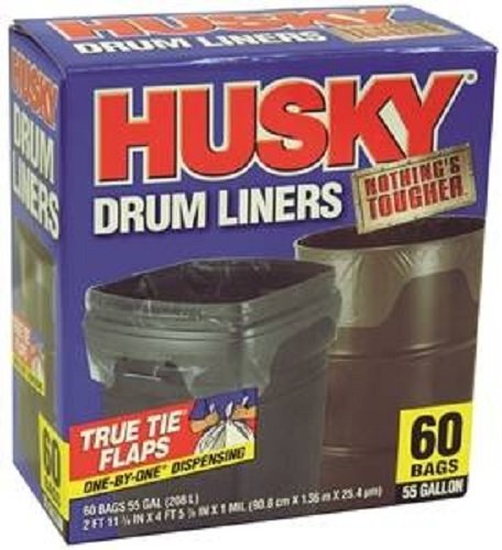 60-Count Poly-America Husky 55 Gallon Nothing s Tougher Clear Drum Can Liners Trash Garbage Bags 1 Mil. Thickness One-by-One Dispensing with True Tie Flaps and Straight Seamed Bottom (HK55WC060C)