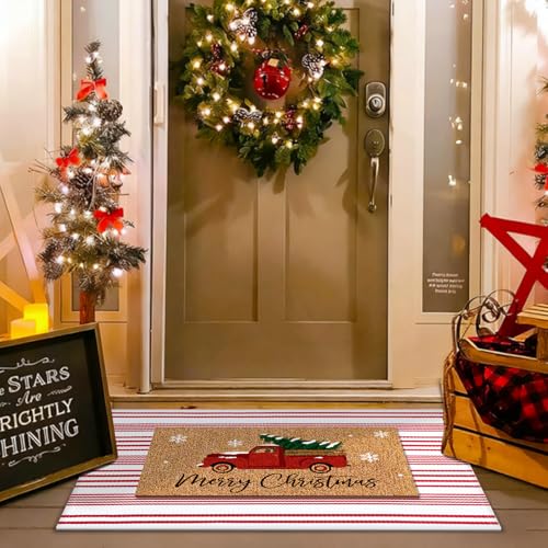 Duraaamo メリークリスマス ドアマット アウトドア クリスマス ネイチャー コイア ウェルカムラグ レッド ホワイト ストライプ アウトドア ラグ クリスマス フロント ポーチ 屋内 エントランス 装飾 2枚