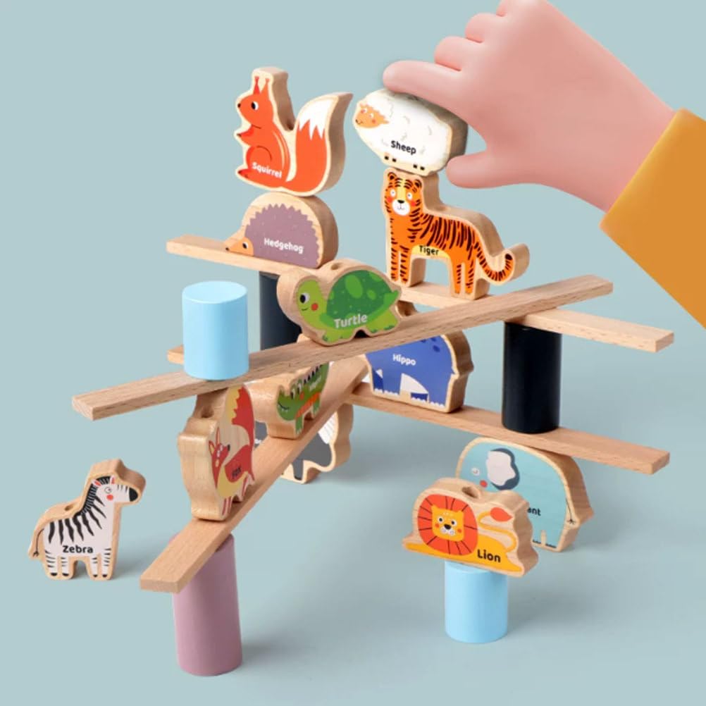 Juguete Montessori 2 en 1 de Madera para Apilar y Equilibrar Animales | Enhebrar cuentas apilar bloques, juego equilibrio animales bosque, juguete educativo habilidades motrices finas