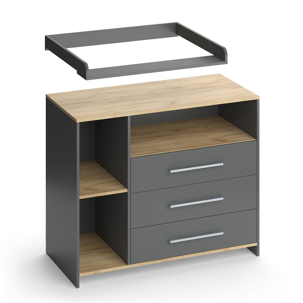 Vicco Cambiador Oskar, Antracita/Roble Dorado, 113 x 93 cm con 3 cajones, Convertible en cómoda Gracias al Cambiador extraíble