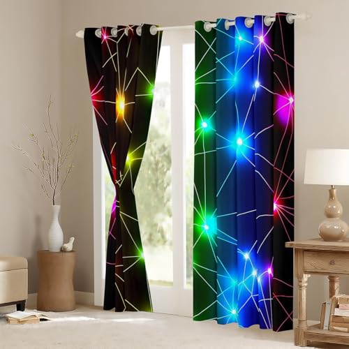 Homemissing Triangle Retro Neon Curtains (2 Panels,W66*L72) For Bedroom Kids Boys Girls Teens Colorful Stripes 30%-50% Blackout Curtains Rainbow Laser Window Treatments(No Glitter) - Image 3