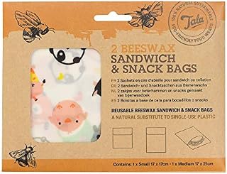 Tala Reusable Beeswax Food and Snack Bags, Zero Waste Patterned Design, 2 Bags Measuring 17x17cm & 17x21cm