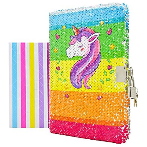VIPbuy Kid Girls Unicorn Sequin Notebook Diary with Lock and Key Reversible Sequin Journal A5 Lined Secret Notepad Set with Gift Photo Corner Sheet for Art Creation, 156 Pages, 21.5cm x 14cm Cover