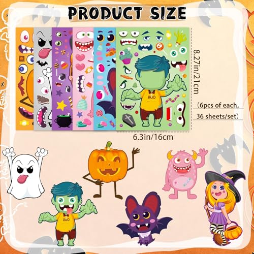 36 Sheets Halloween Pumpkin Craft Stickers Party Favors Make a Face Stickers Zombie Witch Vampire Ghost Bat Self Adhesive DIY Stickers for Halloween Kids Toddlers Classroom Treats Party Game Stickers - image 3