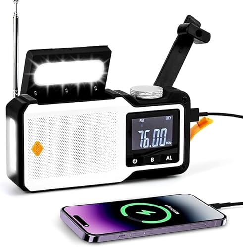 Euker 多機能防災ラジオ 自動選局 5000mAh LEDライト AM/FM プリセット機能 SOS USB充電 防水 非常用 ソーラーラジオ スマホ充電 手回し 懐中電灯 ランタン 防災グッズ 台風 地震 停電対策 ホワイトのサムネイル