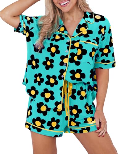 Image of KevaMolly Women Floral Notch Collar 2 Piece Holiday PJ Set | Print Short Sleeve Top, Drawstring Soft Vacation Sleep Shorts