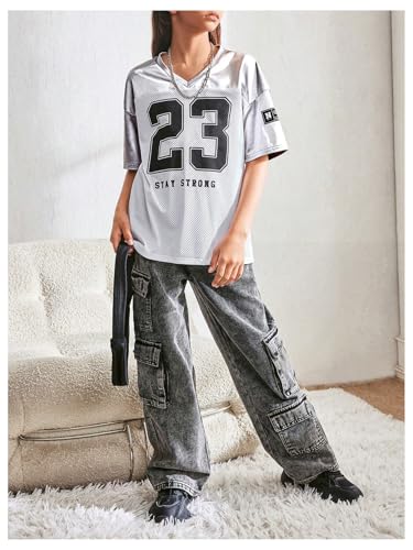Image of Floerns Girl's Jersey Shirt Printed Oversized Short Sleeve Mesh Tee Shirts V Neck Sport Jersey Shirts