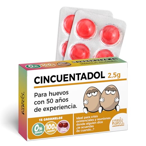 Presente divertido doces | CINCUENTADOL | Blister com 12 rebuçados sem açúcar | Presente divertido e sarcástico para homens de 50 anos | Cumpre ovos, humor e sabor cereja