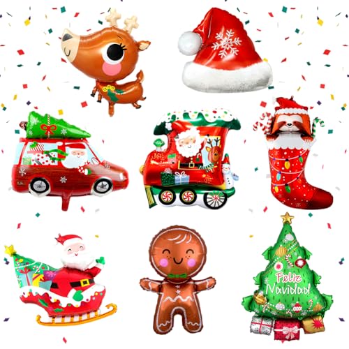 8 PCS Giant Christmas Foil Balloons - Large Santa Reindeer Xmas Tree Helium Balloons for Christmas Party Decor & New Year Decoration
