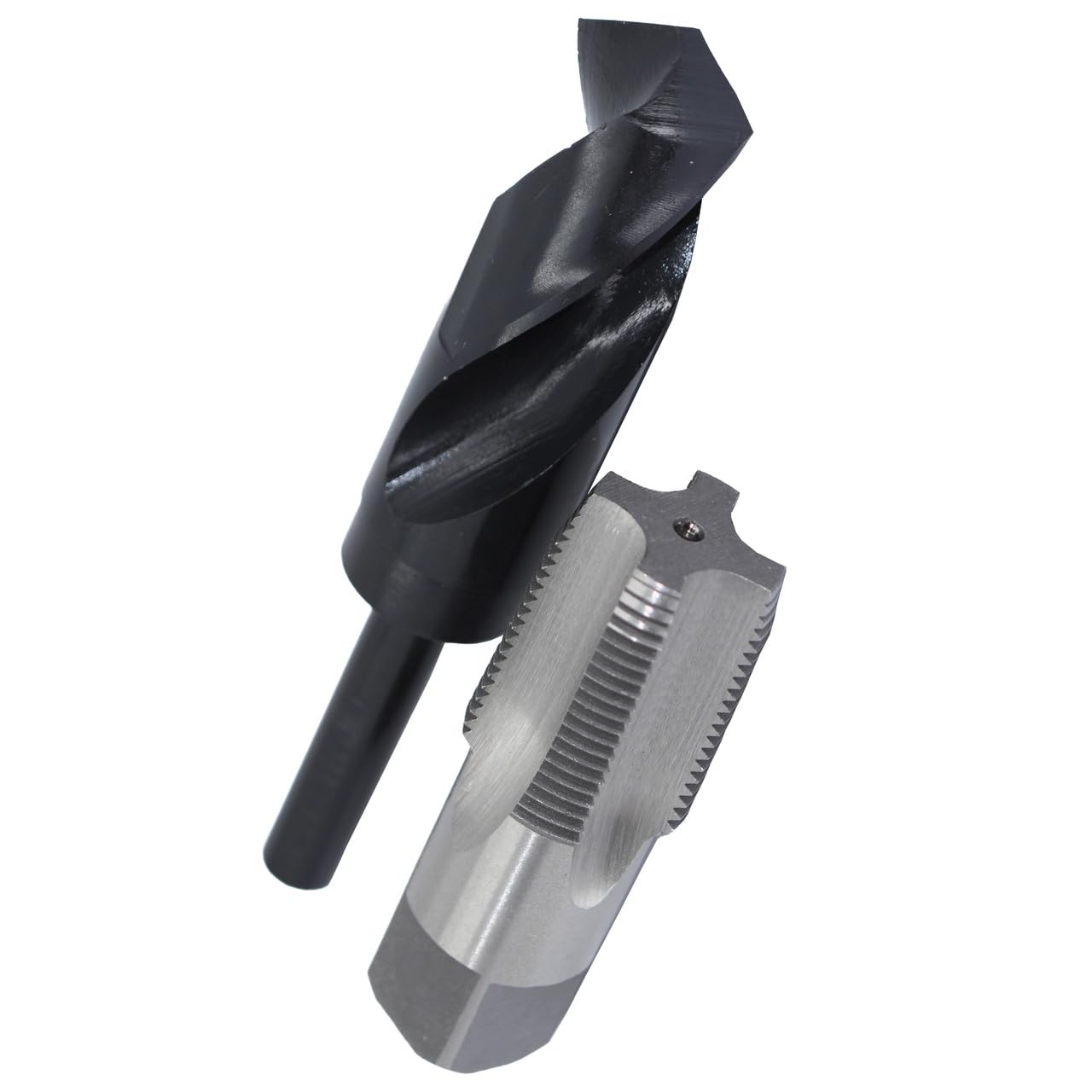 1" Carbon Steel NPT Tap and 1-5/32" HSS Drill Bit in plastic pouch. 1-5/32" drill bit has 1/2" shank.