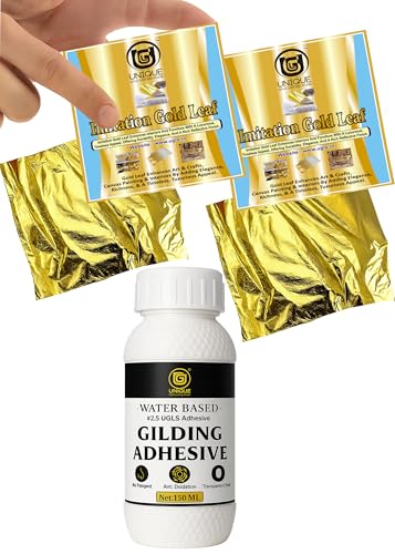 Image of UGLS Gold Leaf Sheets 200 Pack (8 cm x 8 cm) + Adhesive 150 ml - Gilding Glue - Golden Foil for Gilding, Epoxy Resin Art, Maysur Paintings, Arts & Crafts, DIY Gilding, Furniture Gilding