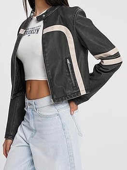 Wuitrie Womens Faux Leather Jacket Color Block Cropped