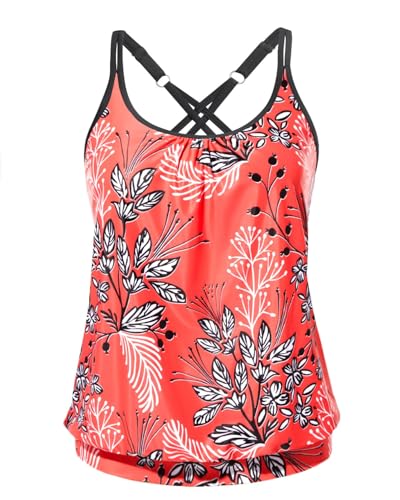 Yonique Blouson Tankini Tops for Women Swimwear Top Only Modest Tankini Tops Loose Fit Swim Tops No Bottom Red and Leaves M