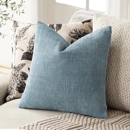 Image of Foindtower Pack of 2 Textured Chenille Throw Decorative Pillow Covers Square Accent Solid Cushion Cover Neutral Farmhouse Pillow Case for Couch Sofa Bedroom Living Room 20x20 Inch,Sky Blue