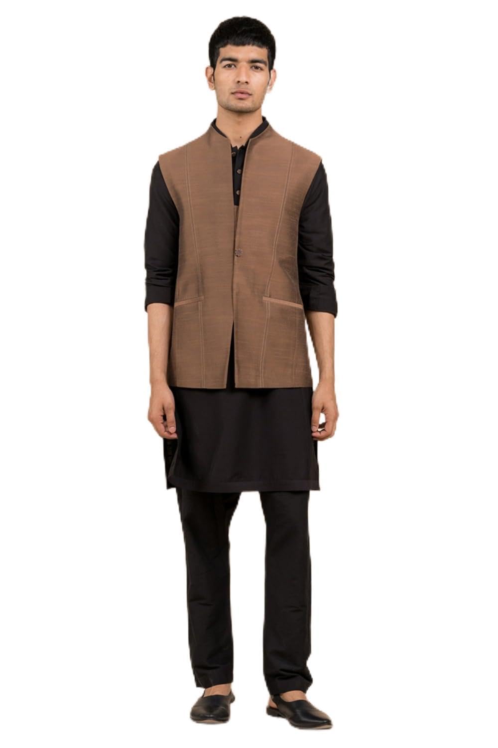 tasva Brown Bundi With Top Stitch Detailing For Men-picture-49