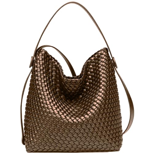 Image of Large Woven Tote Bag Vegan Leather Shoulder Bag for Women Fashion Travel Shopper Bag Top Handle Handbag and Purse