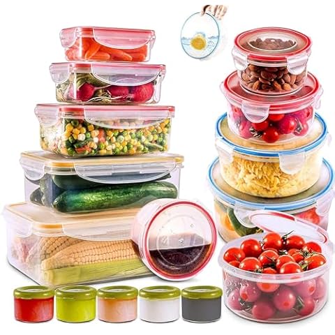 RFAQK 28 Pcs Food Storage Containers with Airtight Lids-(85OZ to 1.2OZ) 14 Clear Plastic Containers with 14 Lids-Large Meal Prep Fruits Containers for Kitchen-Freezer,Microwave and Dishwasher Safe Cover