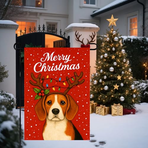 Image of BlissYard Christmas Garden Flag 12x18 Inch Welcome Beagle Dog Outdoor Flag Double Sided Holiday Puppy Yard Banner with Antlers and Holly for Porch Lawn Patio