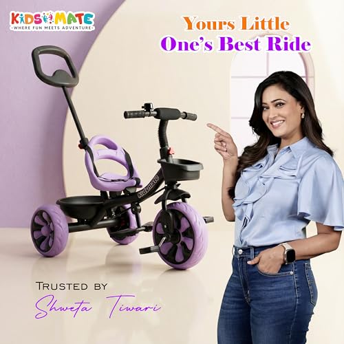 Image of Kidsmate Junior Tricycle for Kids with Parental Control | Cycle for Kids 1-4 Years | Baby Cycle | Bicycle with Storage Basket, Cushion Seat and Seat Belt Carrying Capacity 30 Kgs (Purple)