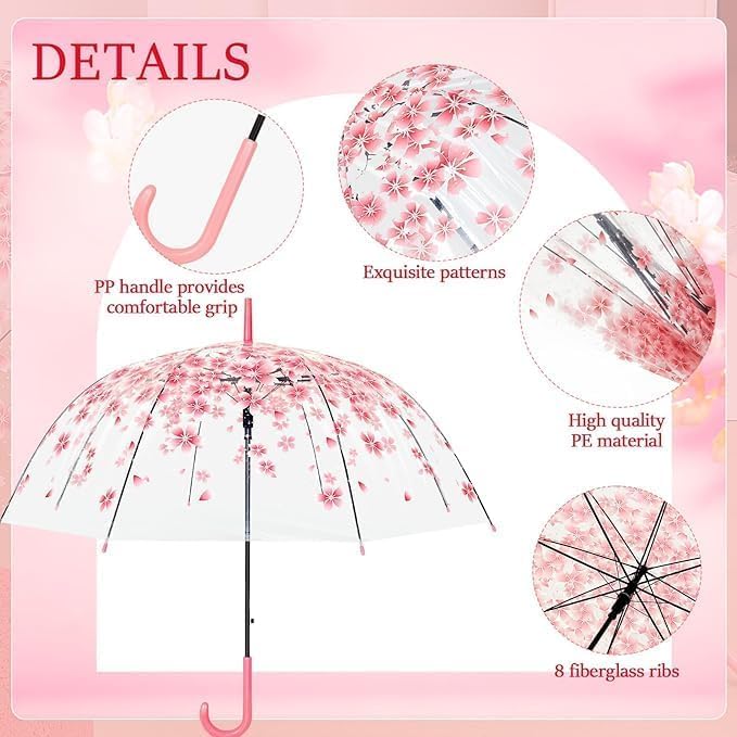 Clear Cherry Blossoms Umbrella,Clear J Hook Handle Stick Umbrella,Transparent Umbrellas Wedding,Pink Bubble Umbrellas for Kids and women - Image 6