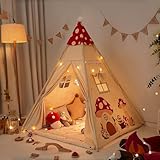 BRJX 子供用秘密基地テント, 木製の温もりある知育玩具, 広い空間で創造力育む, LEDライトで夢いっぱい, 誕生日や出産祝いに最適, 室内外で遊びながら学べる ([厚手キャンバス生地] とんがりキノコの森 + 帽子 + ストリングライト + 固定具 (パッドなし)) [並行輸入品]