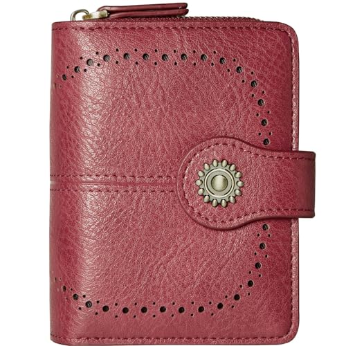 TFKGS Small Womens Wallet Leather RFID Blocking Bifold Compact Card Holder Ladies Zipper Accordion Pocket with ID Window Red
