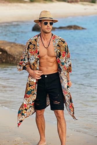 COOFANDY Men's Lightweight Kimono Robe Jacket Printed Japanese Style Bathrobes Casual Open Front Long Cardigan Coat Outwear3