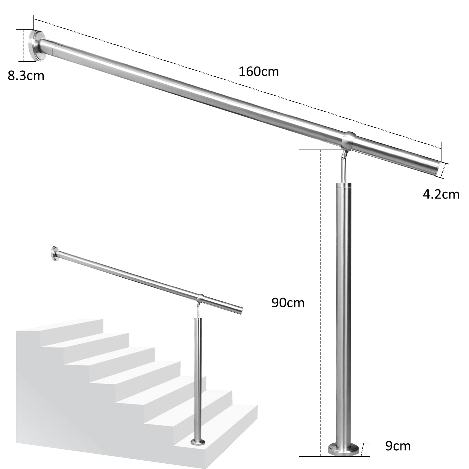 Fiqops Corrimano in acciaio inox, ringhiera esterna per scale, angolo di regolazione ba, ringhiera d'ingresso 160 cm, corrimano per scale interne ed esterne, ringhiera esterna in acciaio inox